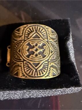 Antique Brass-Tone Etched Wide Cuff Ring - stretch back